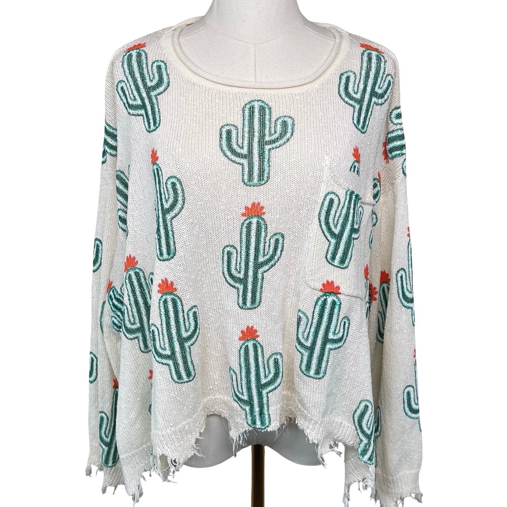Fantastic Fawn Cactus Print Sweater Womens Size L White Distressed Knit Top